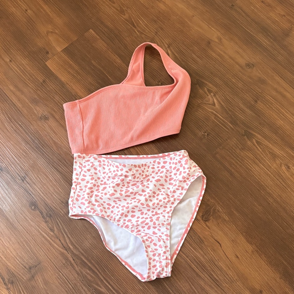 Coral One-Shoulder Top & High-Waist Leopard Bikini Bottoms